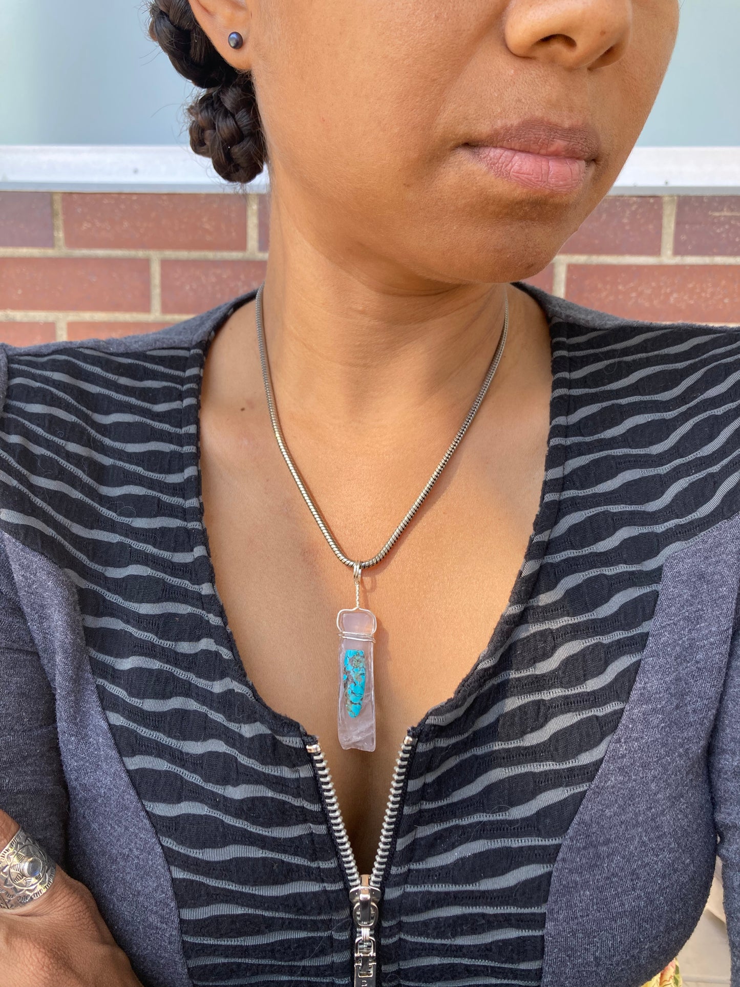 Wire wrapped Rose Quartz with Turquoise Pendant